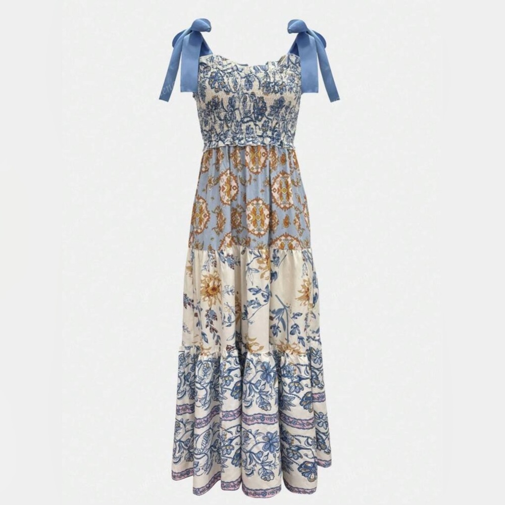 Floral Patchwork Maxi Dress - Blue and Cream
